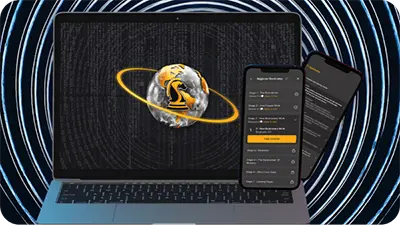 Laptop and two phones showing Experience The Real World app